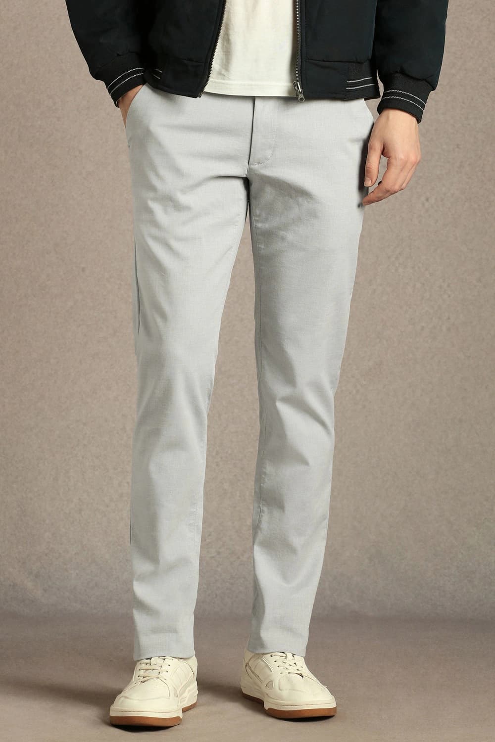Men Grey Slim Tapered Fit Solid Flat Front Casual Trousers | Louisphilippe