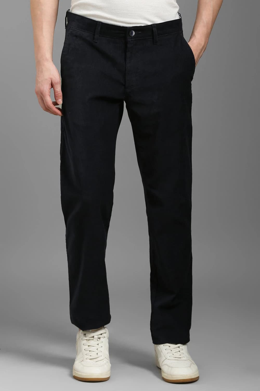 Men Black Slim Tapered Fit Solid Flat Front Casual Trousers | Louisphilippe