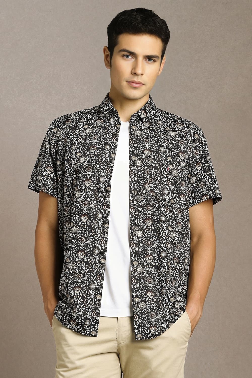 Men Black Print Half Sleeves Casual Shirt | Louisphilippe