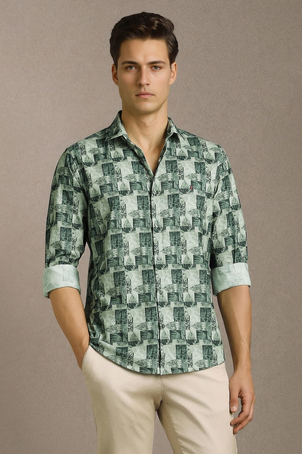 Men Green Print Full Sleeves Casual Shirt | Louisphilippe