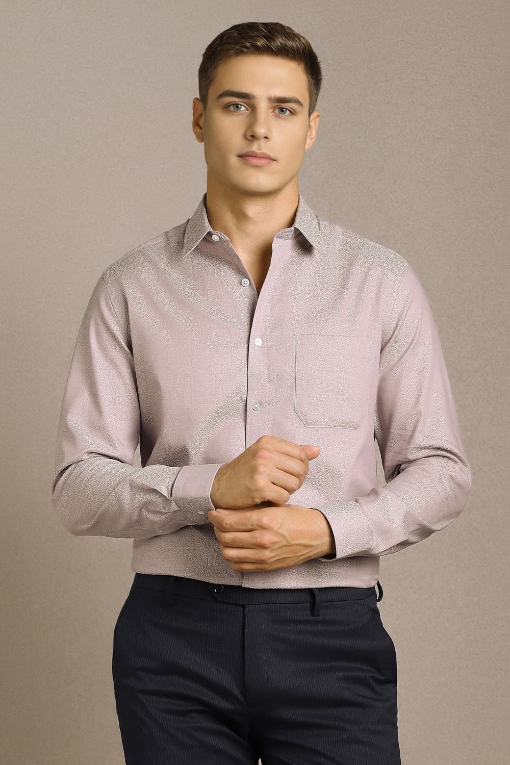 Men Pink Classic Fit Textured Full Sleeves Formal Shirt | Louisphilippe Men Pink Classic Fit Textured Full Sleeves Formal Shirt | Louisphilippe