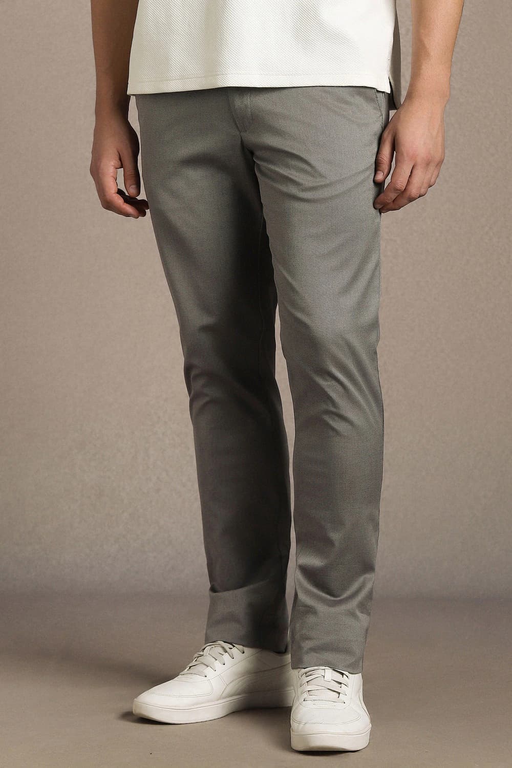Men Grey Slim Tapered Fit Solid Flat Front Casual Trousers | Louisphilippe