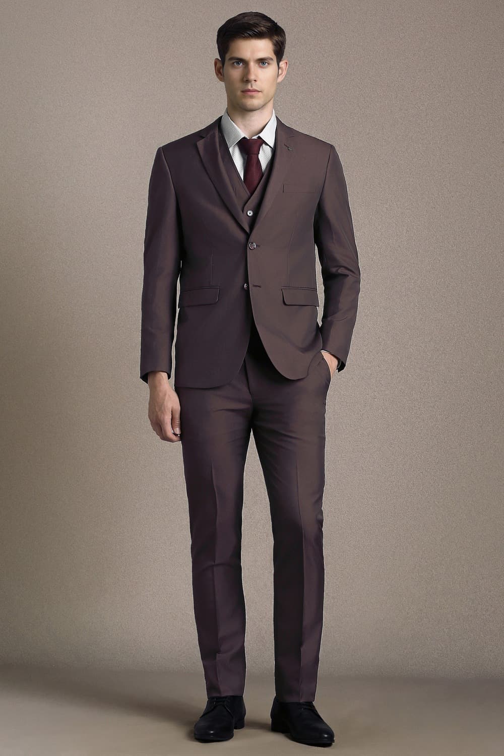 Men Brown Textured Formal Three Piece Suit | Louisphilippe
