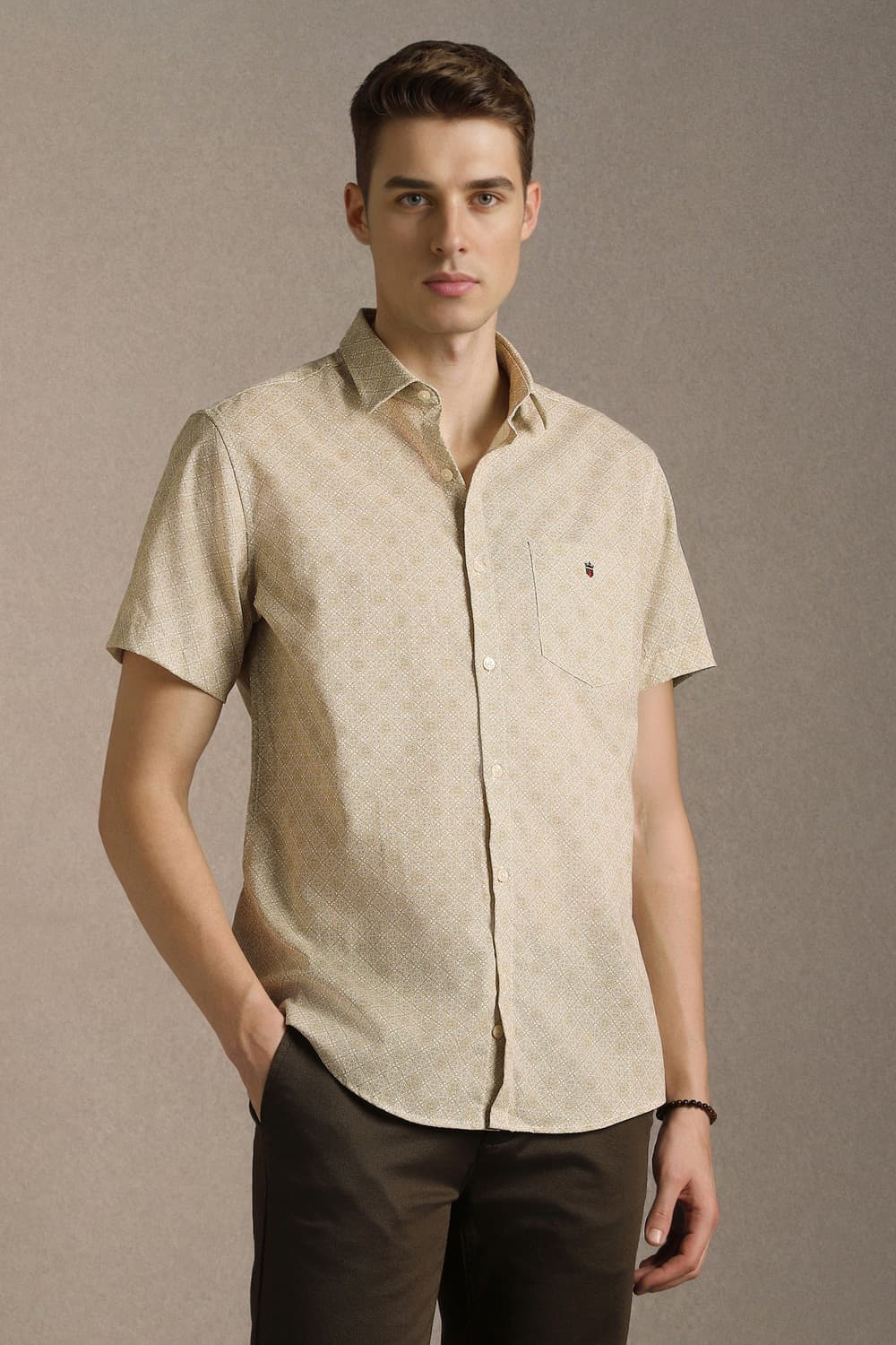 Men Beige Print Half Sleeves Casual Shirt | Louisphilippe