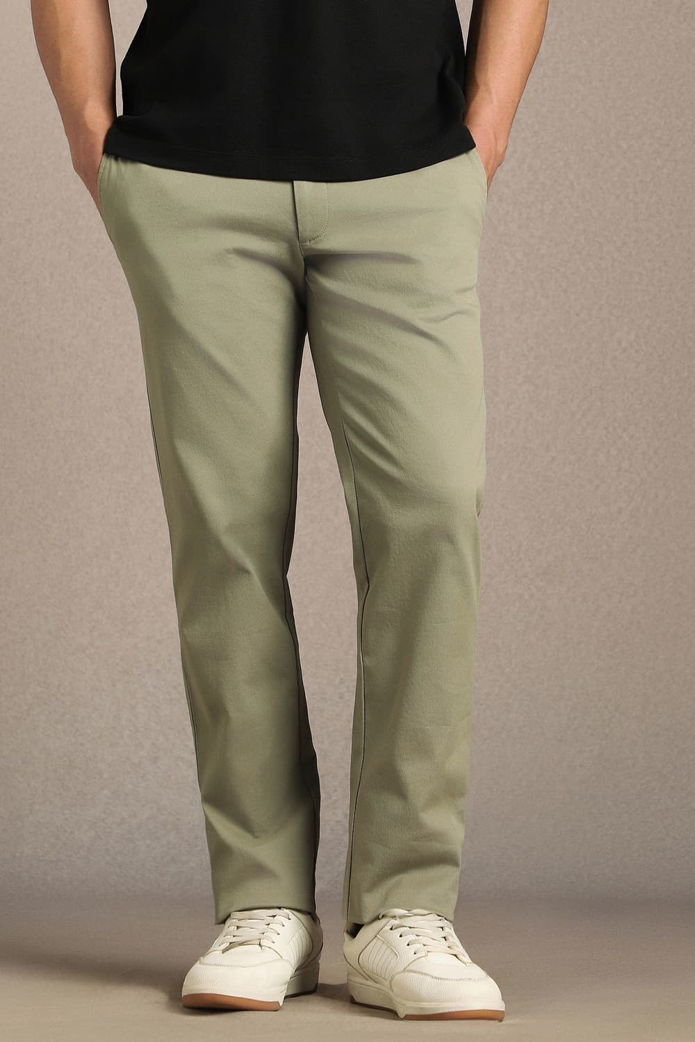 Men Olive Slim Tapered Fit Solid Flat Front Casual Trousers | Louisphilippe