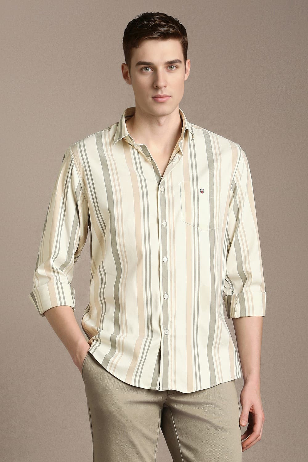 Men Beige Stripe Full Sleeves Casual Shirt | Louisphilippe