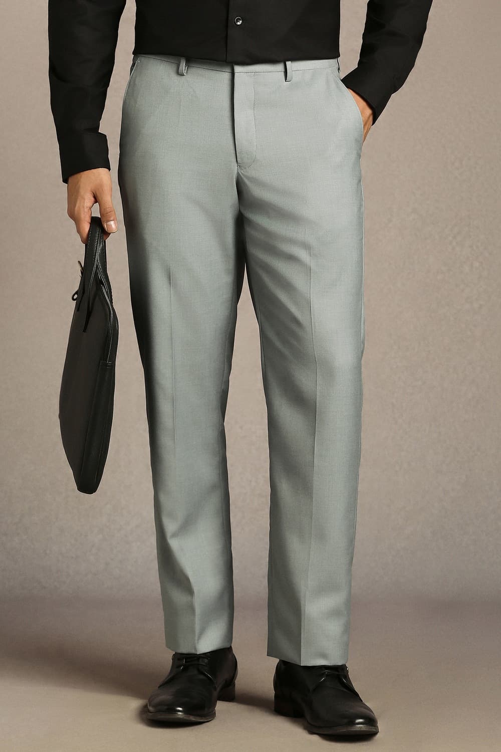 Men Grey Regular Fit Solid Flat Front Formal Trousers | Louisphilippe