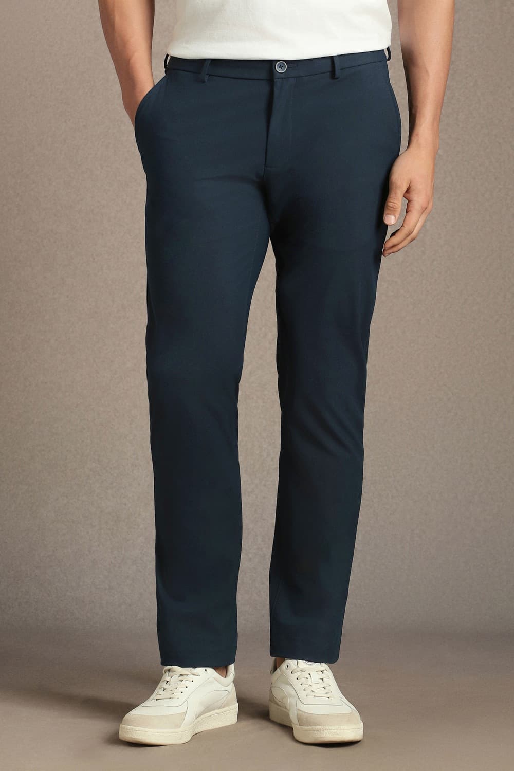 Men Navy Slim Fit Solid Flat Front Casual Trousers | Louisphilippe