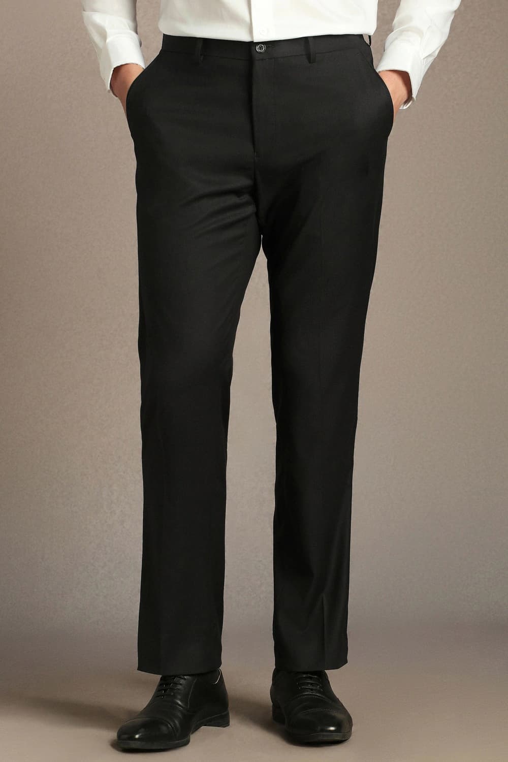 Men Black Regular Fit Textured Flat Front Formal Trousers | Louisphilippe