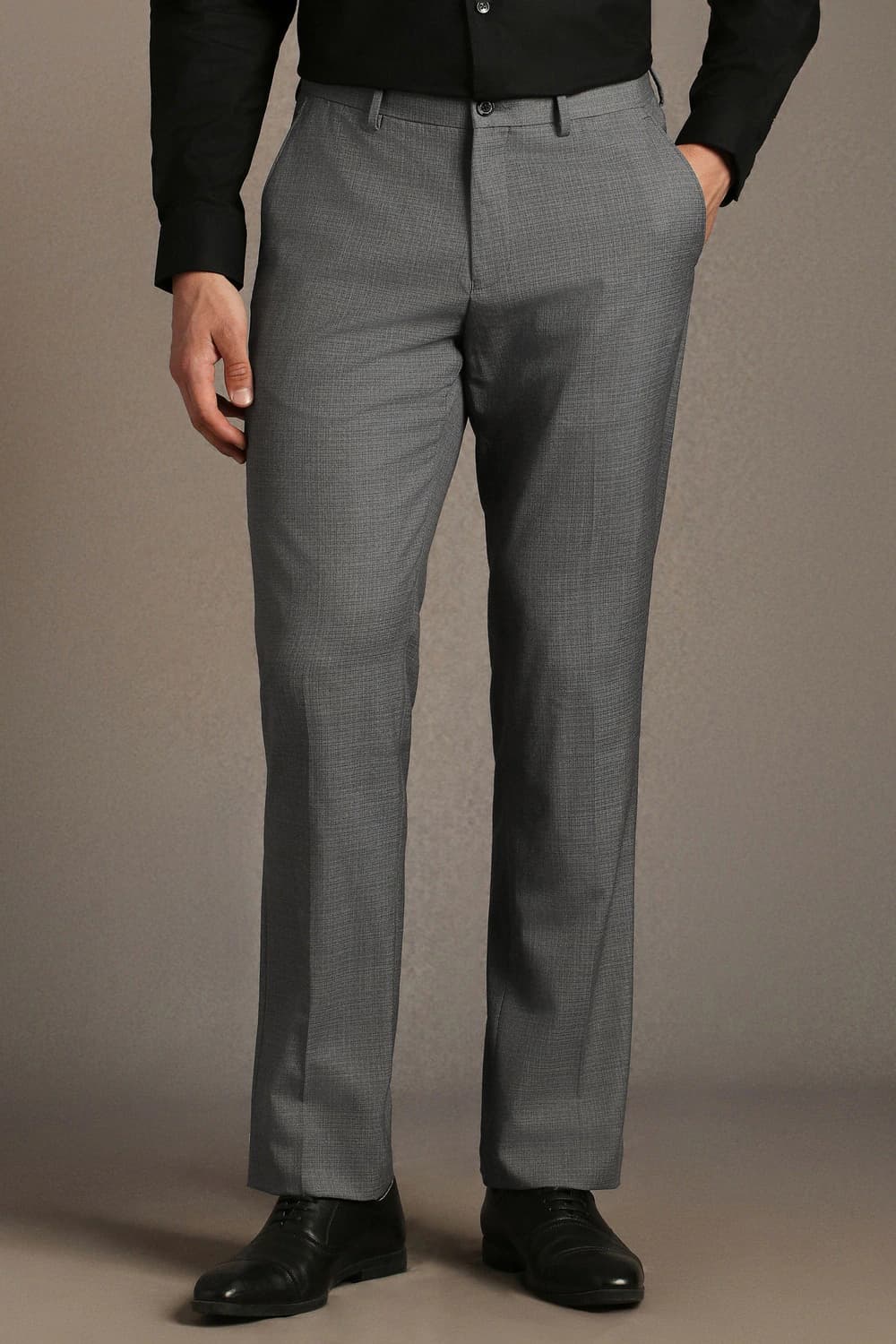 Men Grey Regular Fit Textured Flat Front Formal Trousers | Louisphilippe
