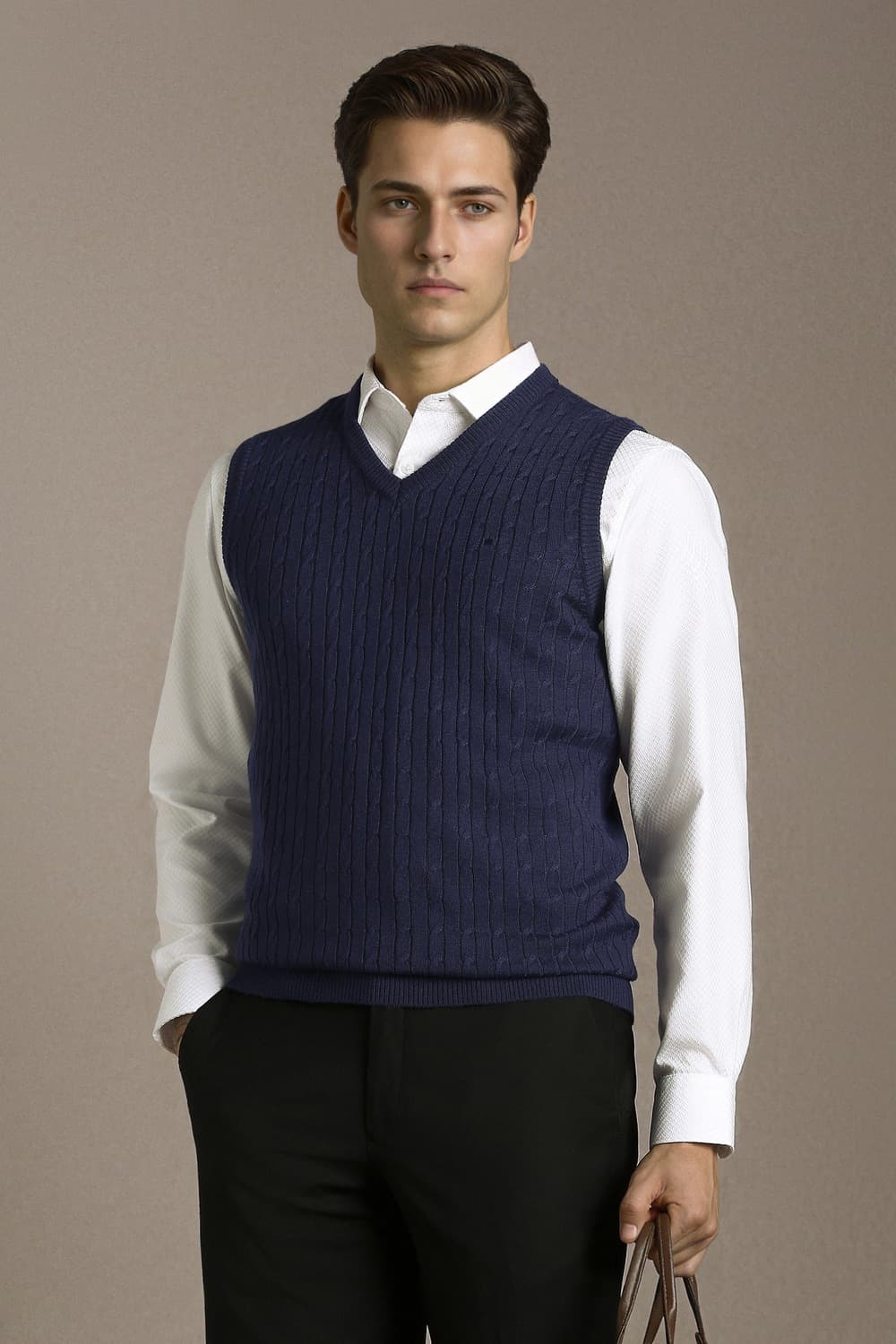 Men Navy Textured V Neck Sleeveless Sweater | Louisphilippe