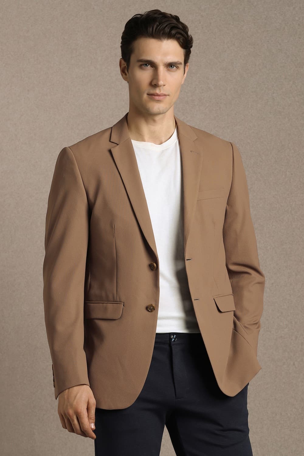 Men Brown Slim Fit Textured Casual Blazer | Louisphilippe