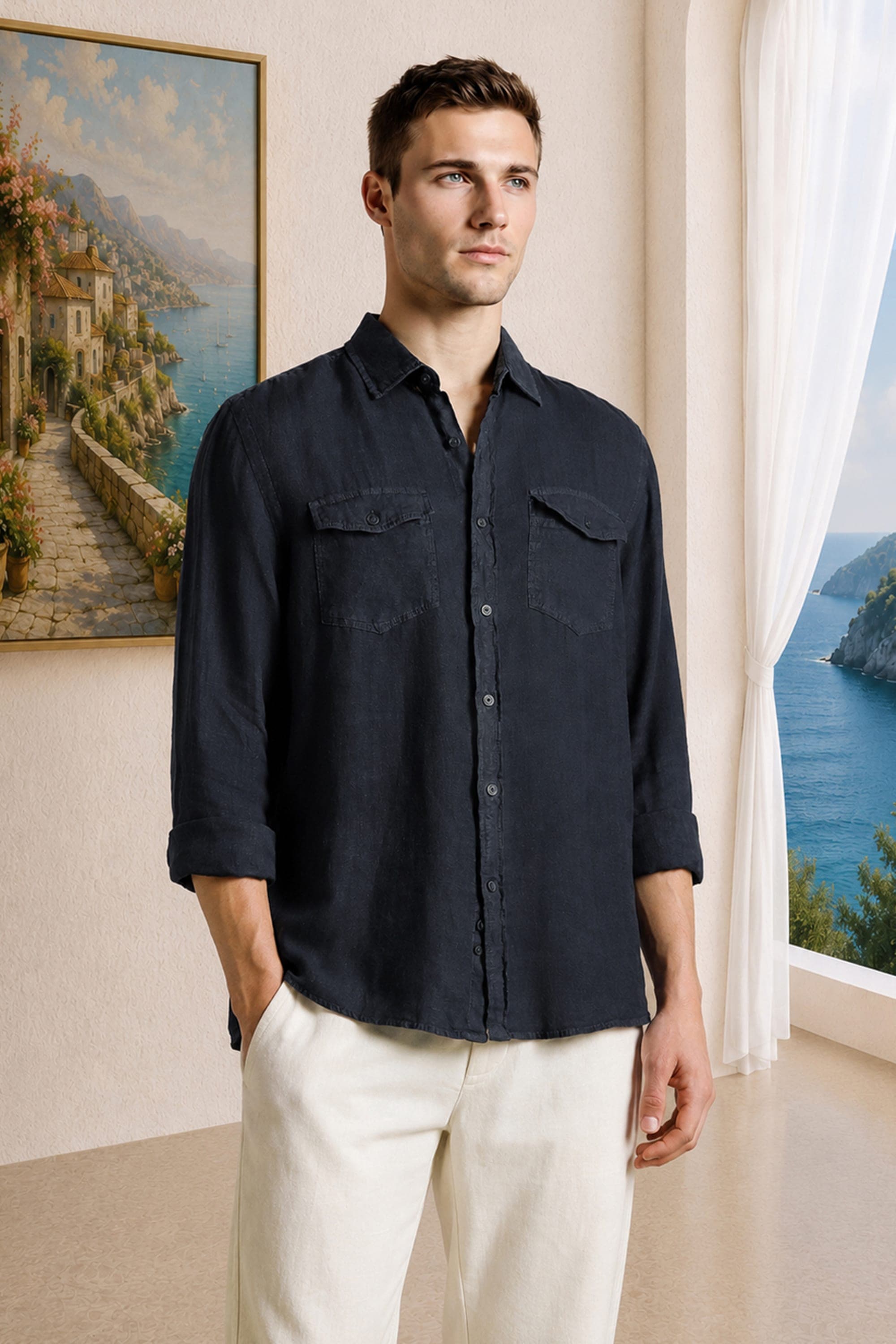 Men Navy Relaxed Fit Textured Full Sleeves Casual Shirt | Louisphilippe