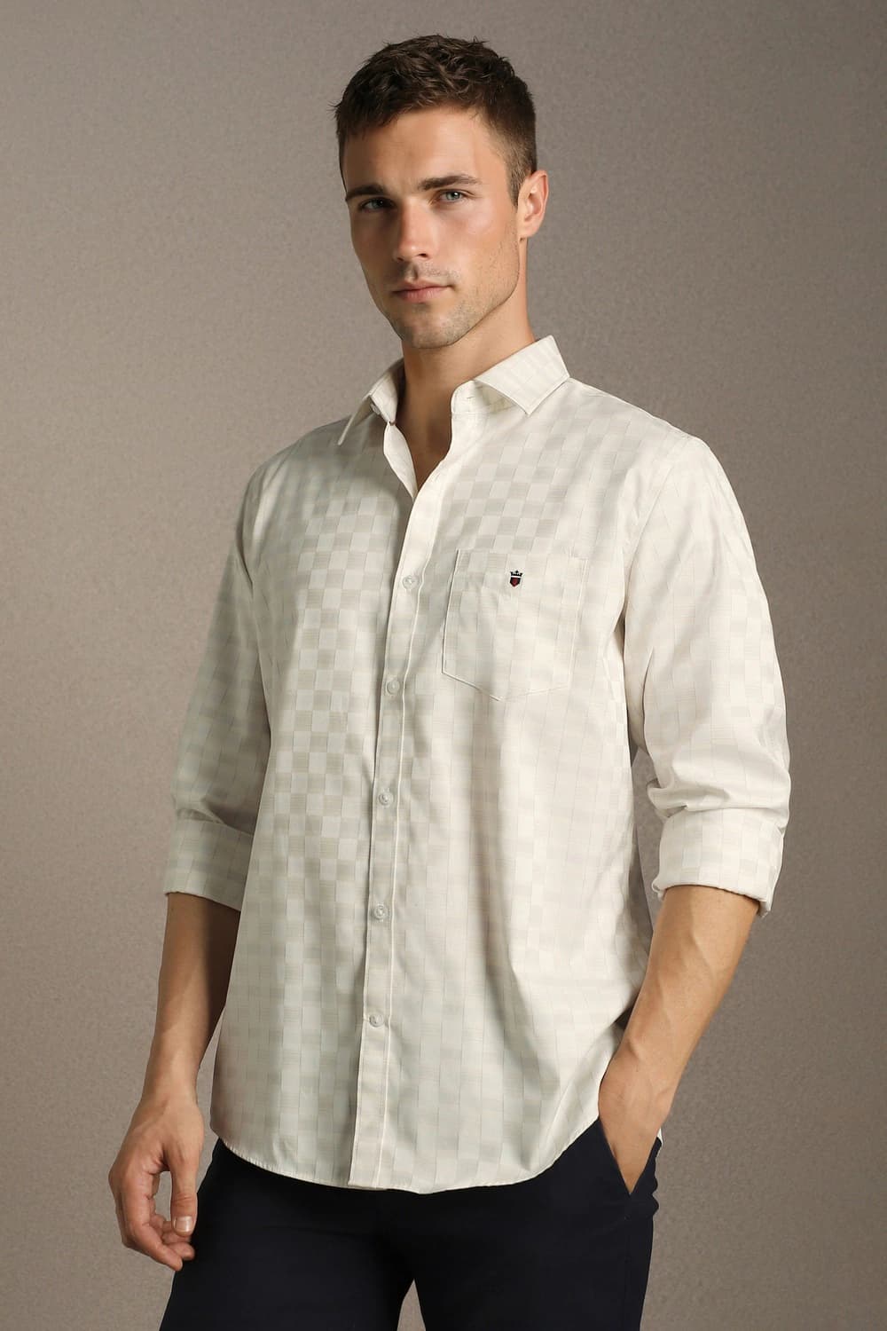 Men Beige Slim Fit Check Full Sleeves Casual Shirt | Louisphilippe