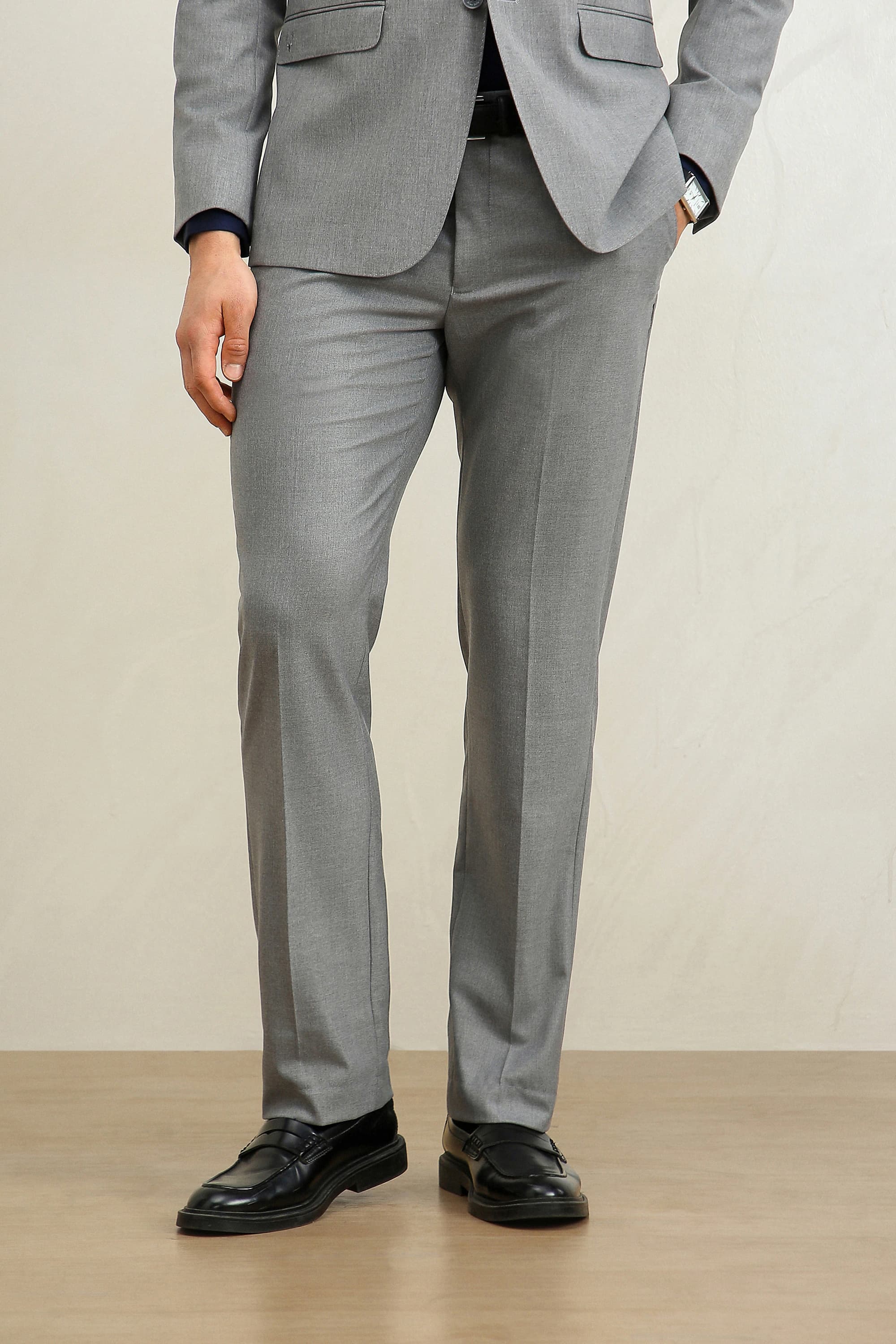 Men Light Grey Regular Fit Solid Formal Trousers | Louisphilippe