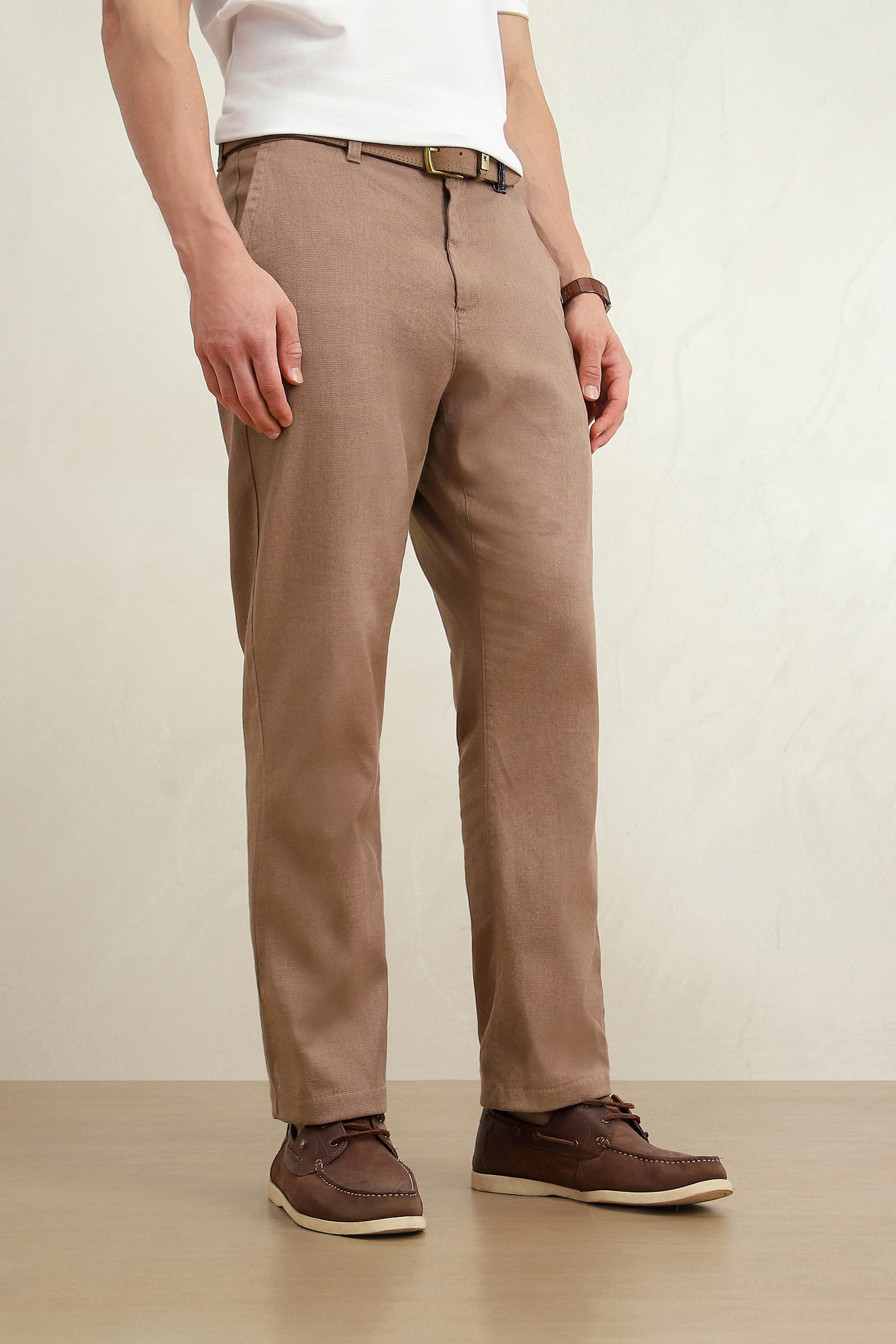 Men Tan Regular Fit Solid Casual Chino Trousers | Louisphilippe