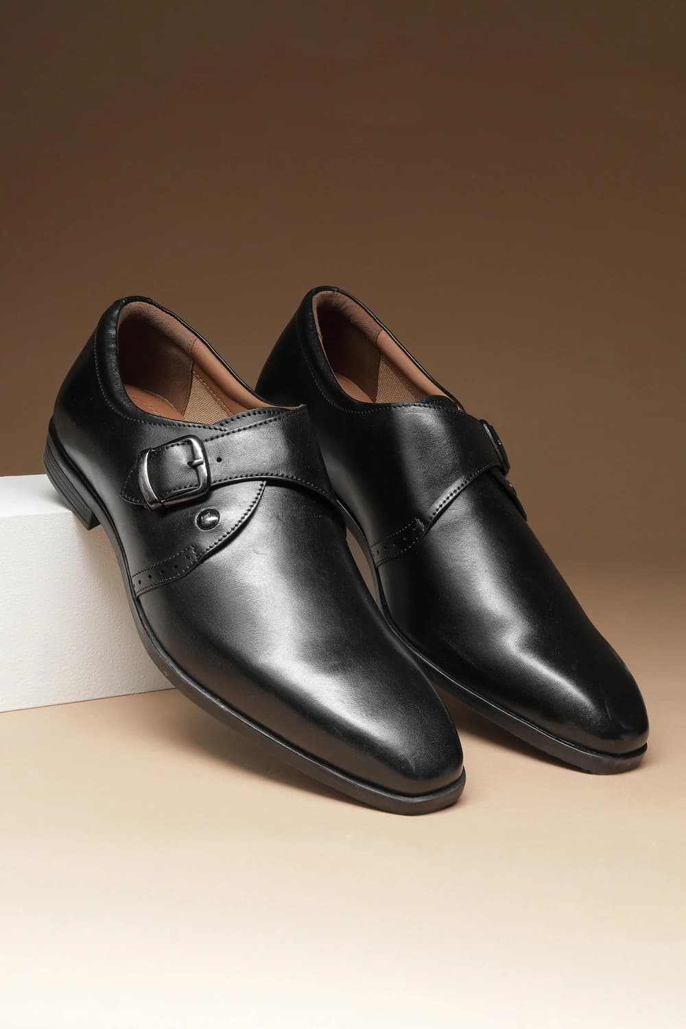 Men Black Solid Monk Formal Imported Premium Leather Light Weight Breathable Lining Slip Resistant Flexible Toe Shoes | Louisphilippe
