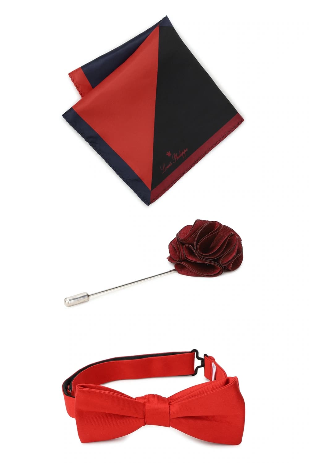 Men Red Solid Bow Tie Lapel Pin and Pocket Square | Louisphilippe