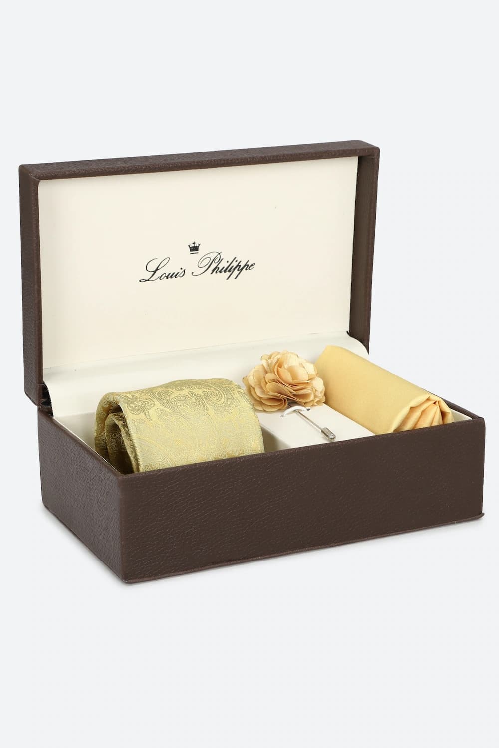 Men Cream Print Tie Pocket Square And Lapel Pin | Louisphilippe