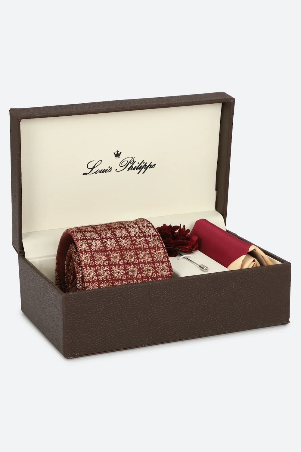 Men Maroon Print Tie Pocket Square And Lapel Pin | Louisphilippe