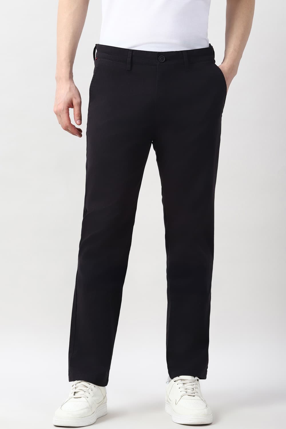 Men Black Solid Super Slim Fit Casual Trousers | Peterengland