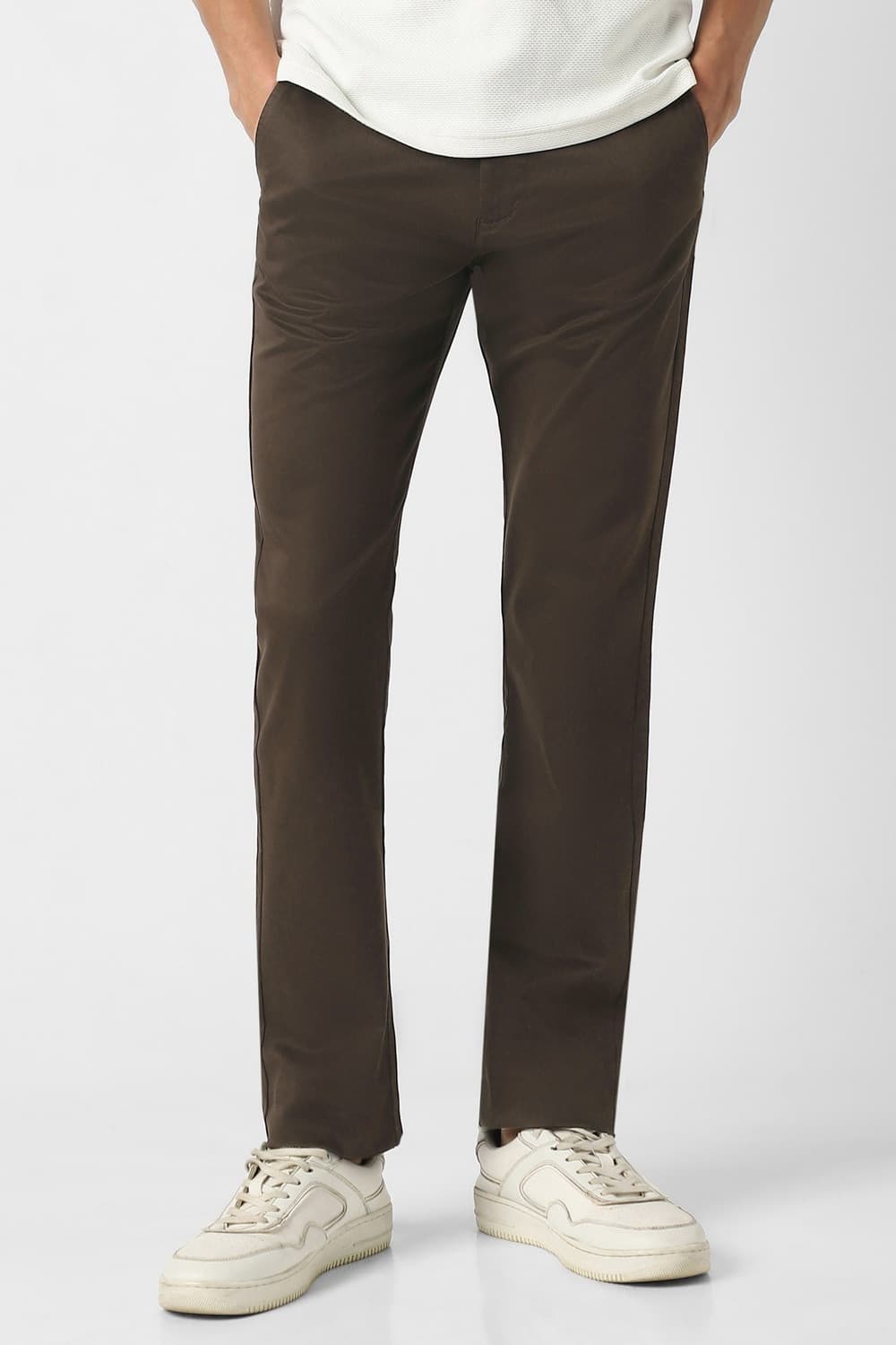 Men Brown Solid Slim Fit Casual Trousers | Peterengland