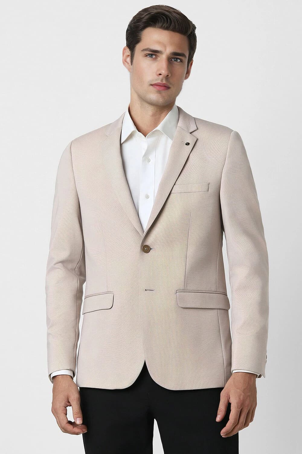 Men Beige Textured Ultra Slim Fit Formal Blazer | Vanheusenindia Men Beige Textured Ultra Slim Fit Formal Blazer | Vanheusenindia