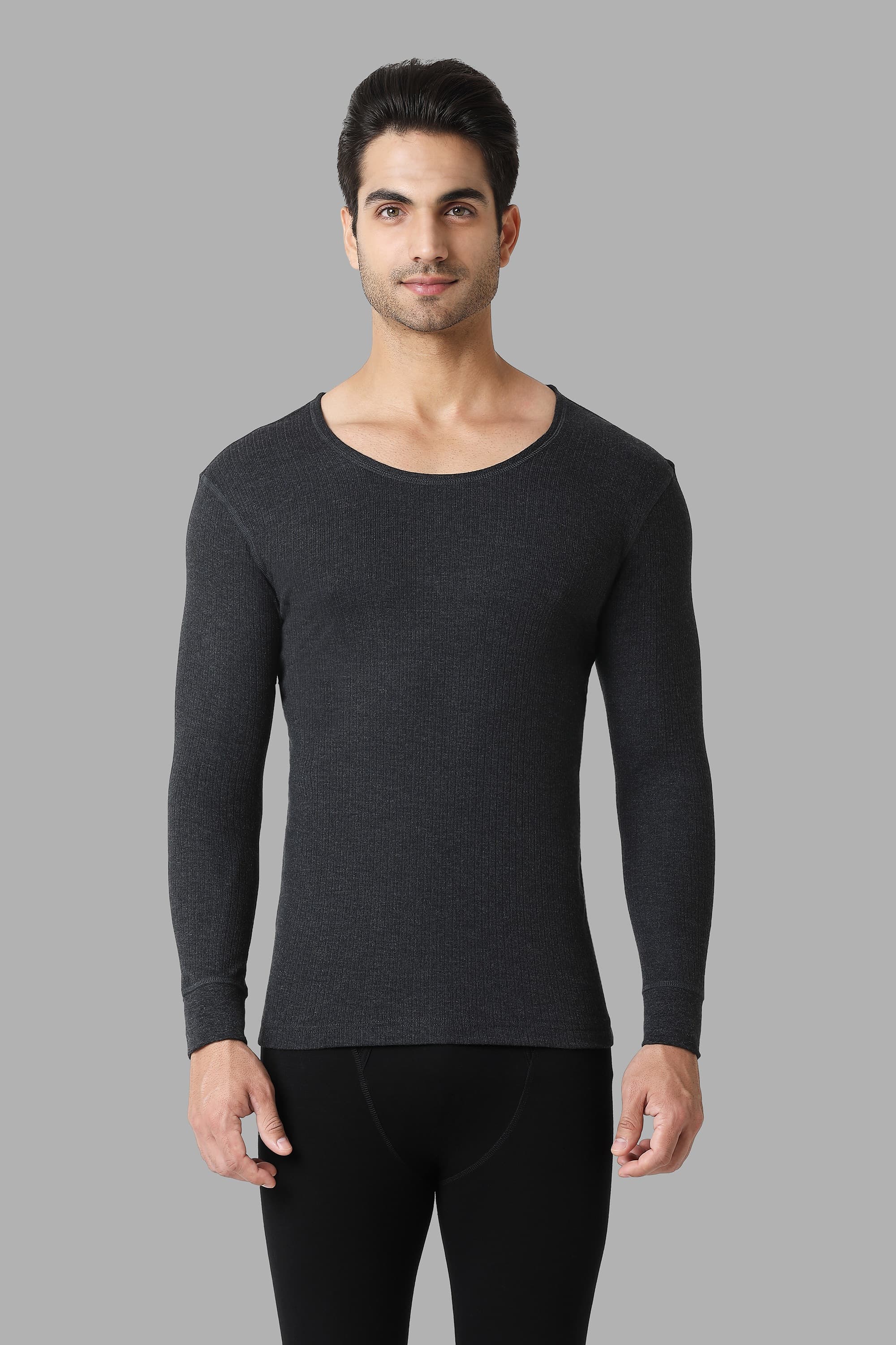 Van Heusen Men Charcoal Melange Solid Anti Bacterial Low Neck Thermal Top | Vanheusenindia Van Heusen Men Charcoal Melange Solid Anti Bacterial Low Neck Thermal Top | Vanheusenindia
