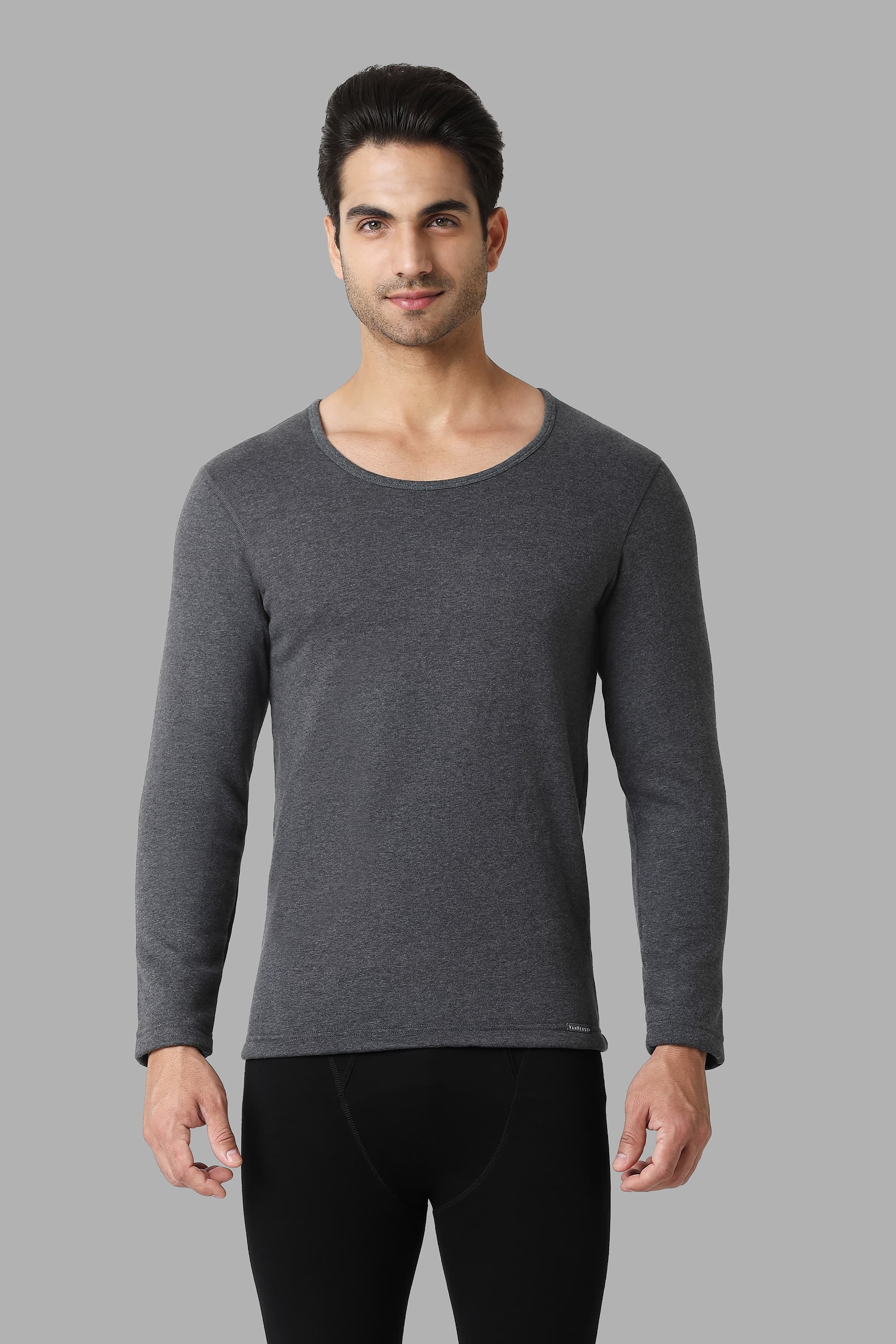 Van Heusen Men Charcoal Solid Warmtech Full Sleeve Thermal Top | Vanheusenindia