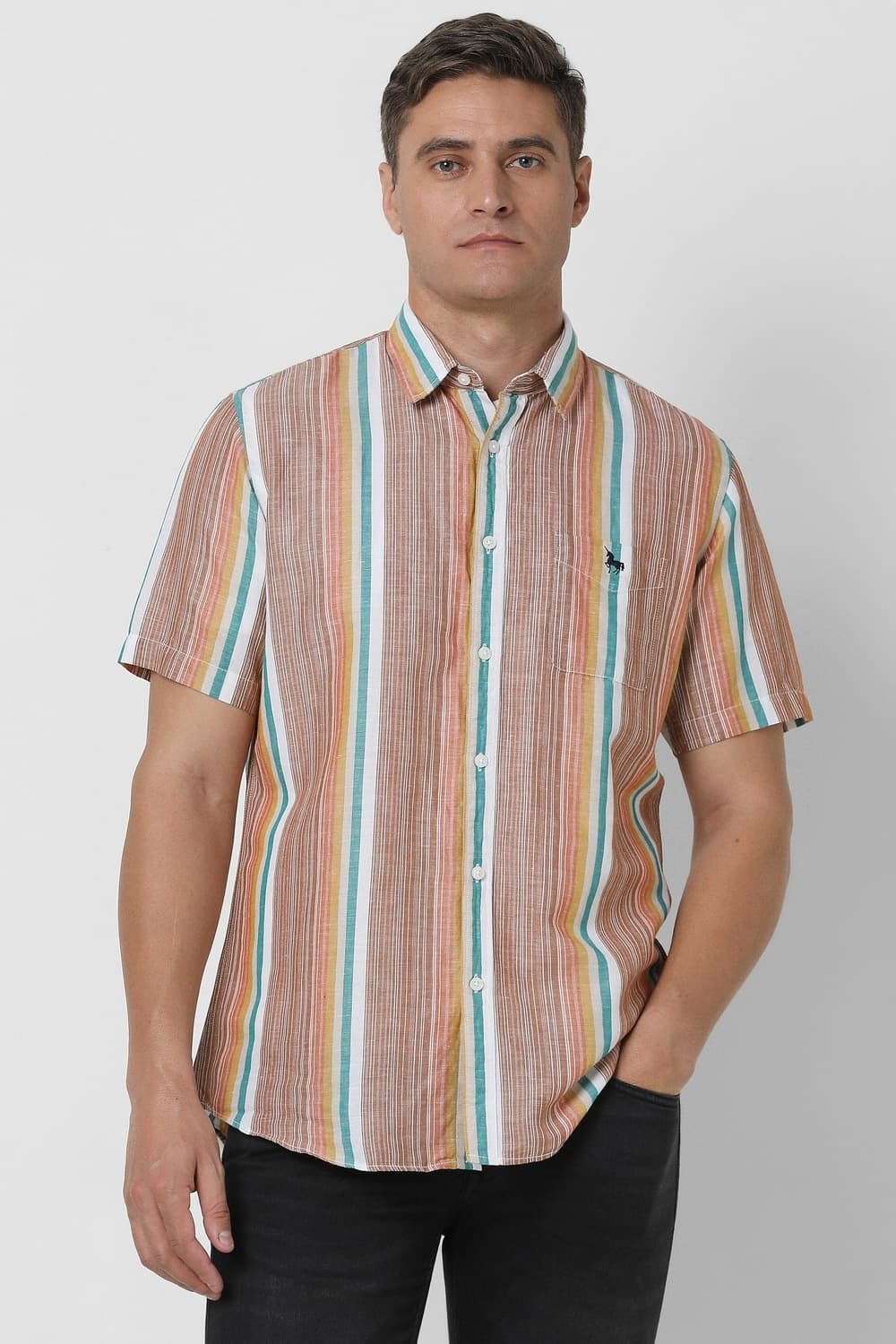 Men Brown Slim Fit Stripe Half Sleeves Casual Shirt | Vanheusenindia