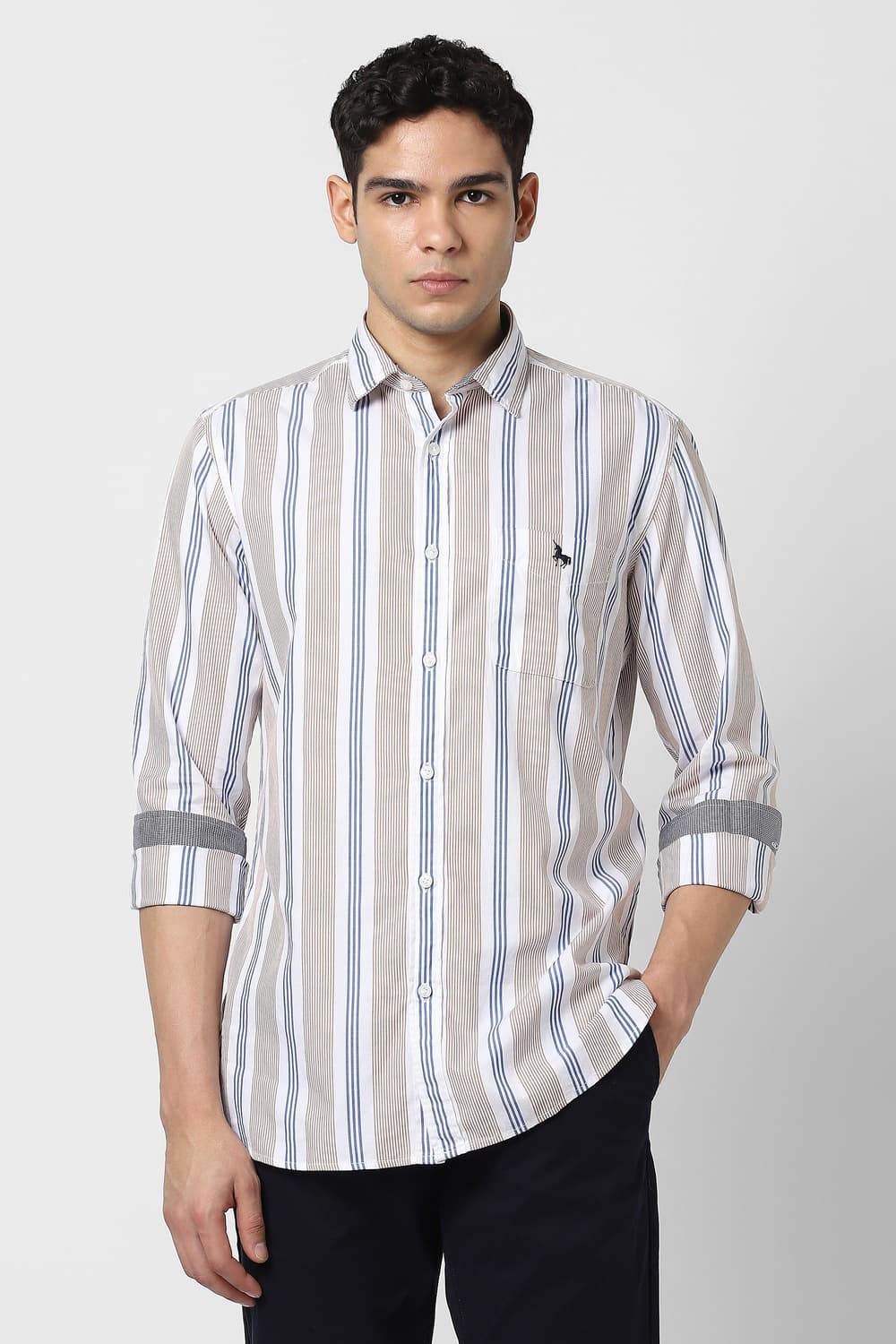 Men White Slim Fit Stripe Full Sleeves Casual Shirt | Vanheusenindia