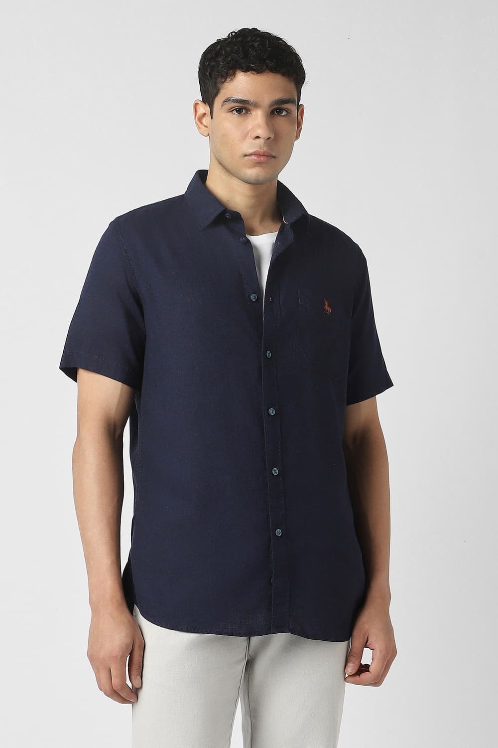 Men Navy Slim Fit Textured Half Sleeves Casual Shirt | Vanheusenindia