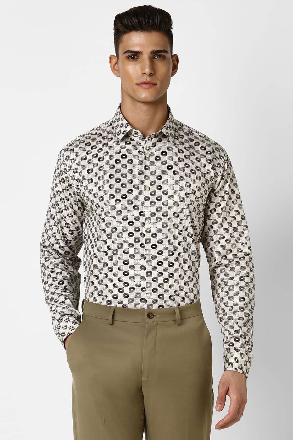 Men Beige Slim Fit Print Full Sleeves Party Shirt | Vanheusenindia