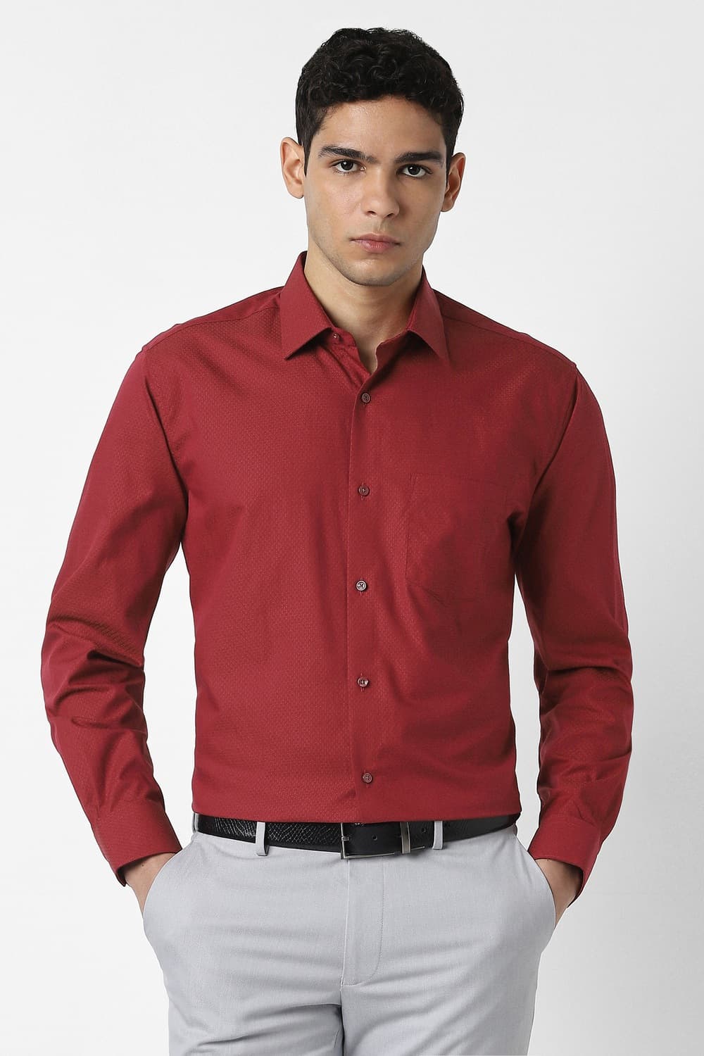 Men Maroon Regular Fit Textured Full Sleeves Wedding Shirt | Vanheusenindia