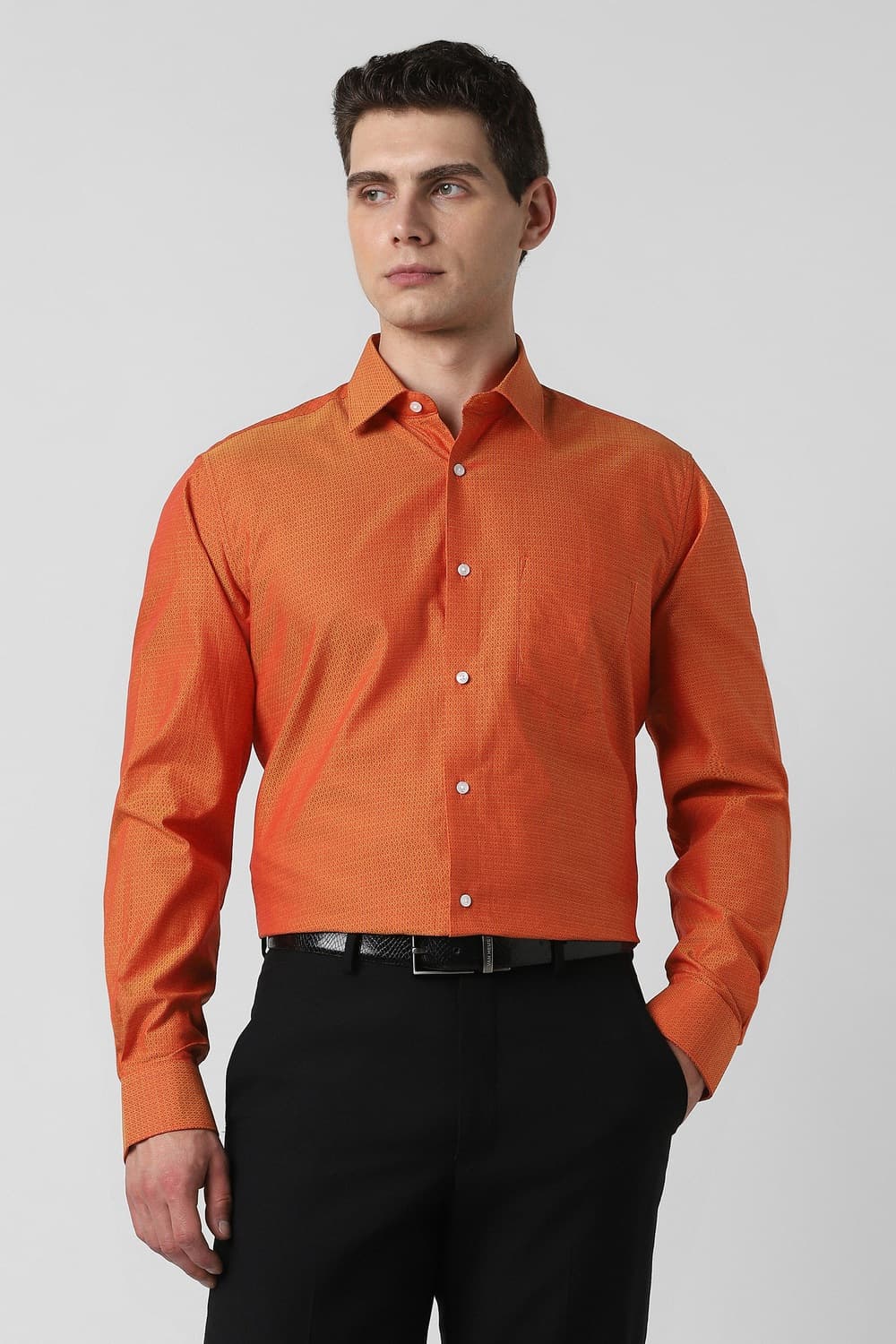 Men Orange Regular Fit Textured Full Sleeves Wedding Shirt | Vanheusenindia