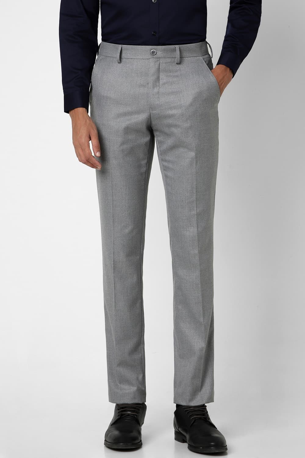 Men Grey Textured Slim Fit Trousers | Vanheusenindia Men Grey Textured Slim Fit Trousers | Vanheusenindia
