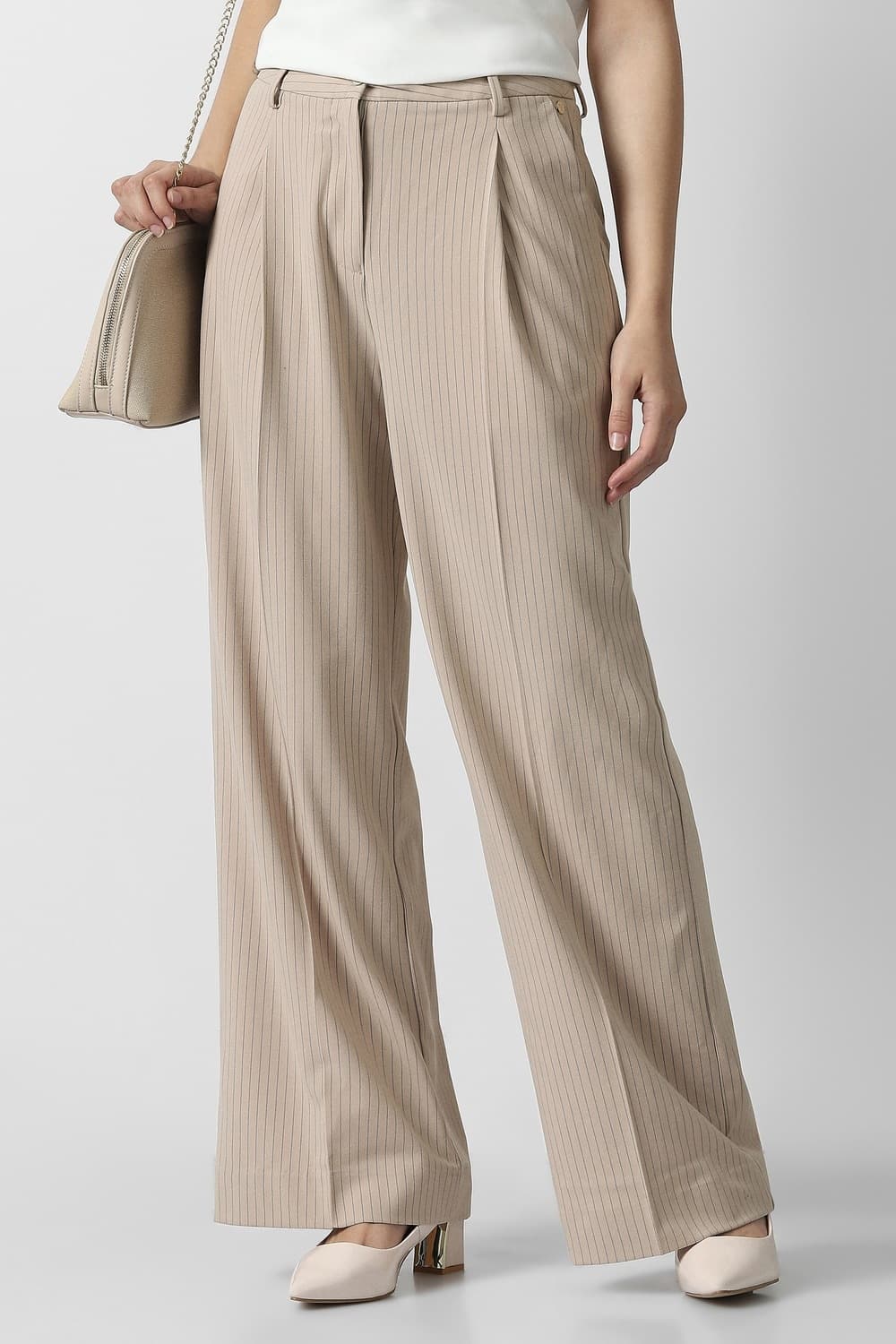Women Beige Stripe Formal Trousers | Vanheusenindia
