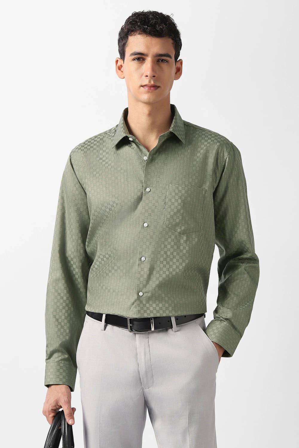 Men Olive Regular Fit Textured Full Sleeves Formal Shirt | Vanheusenindia Men Olive Regular Fit Textured Full Sleeves Formal Shirt | Vanheusenindia