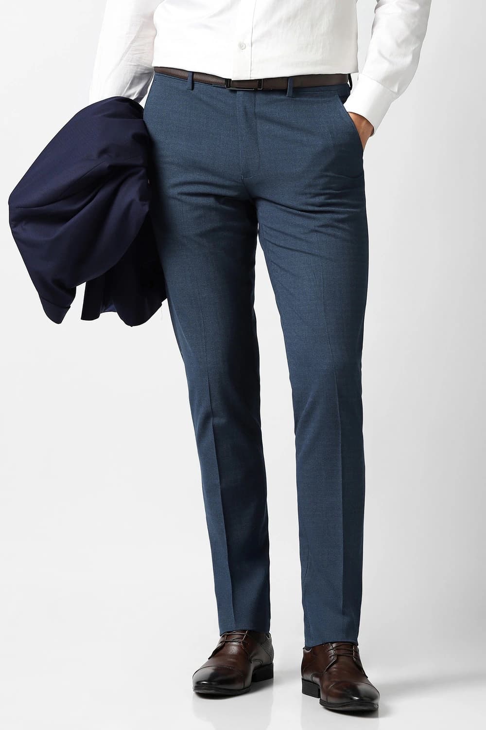 Men Navy Textured Slim Fit Trousers | Vanheusenindia Men Navy Textured Slim Fit Trousers | Vanheusenindia