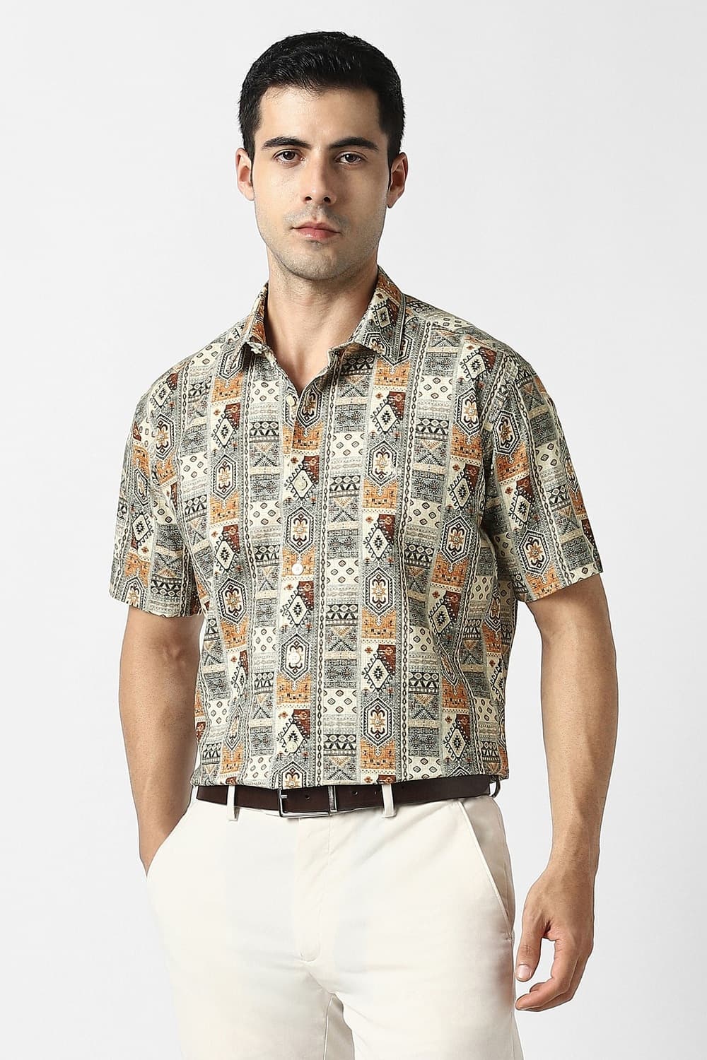 Men Beige Slim Fit Print Half Sleeves Party Shirt | Vanheusenindia