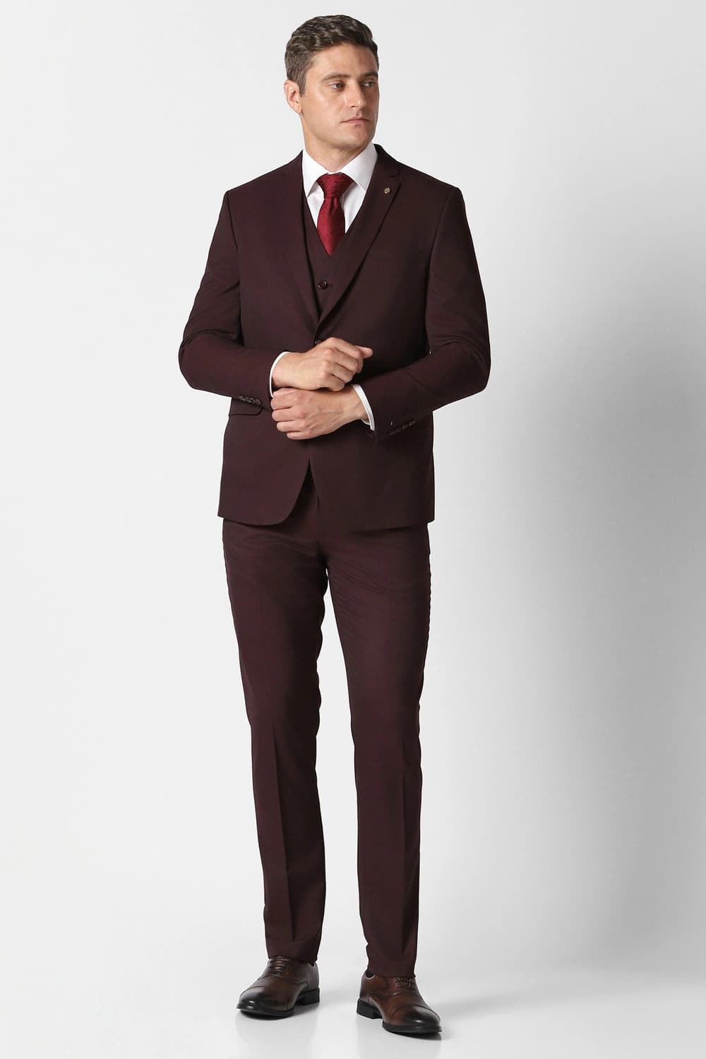 Men Brown Solid Slim Fit Wedding Three Piece Suit | Vanheusenindia Men Brown Solid Slim Fit Wedding Three Piece Suit | Vanheusenindia