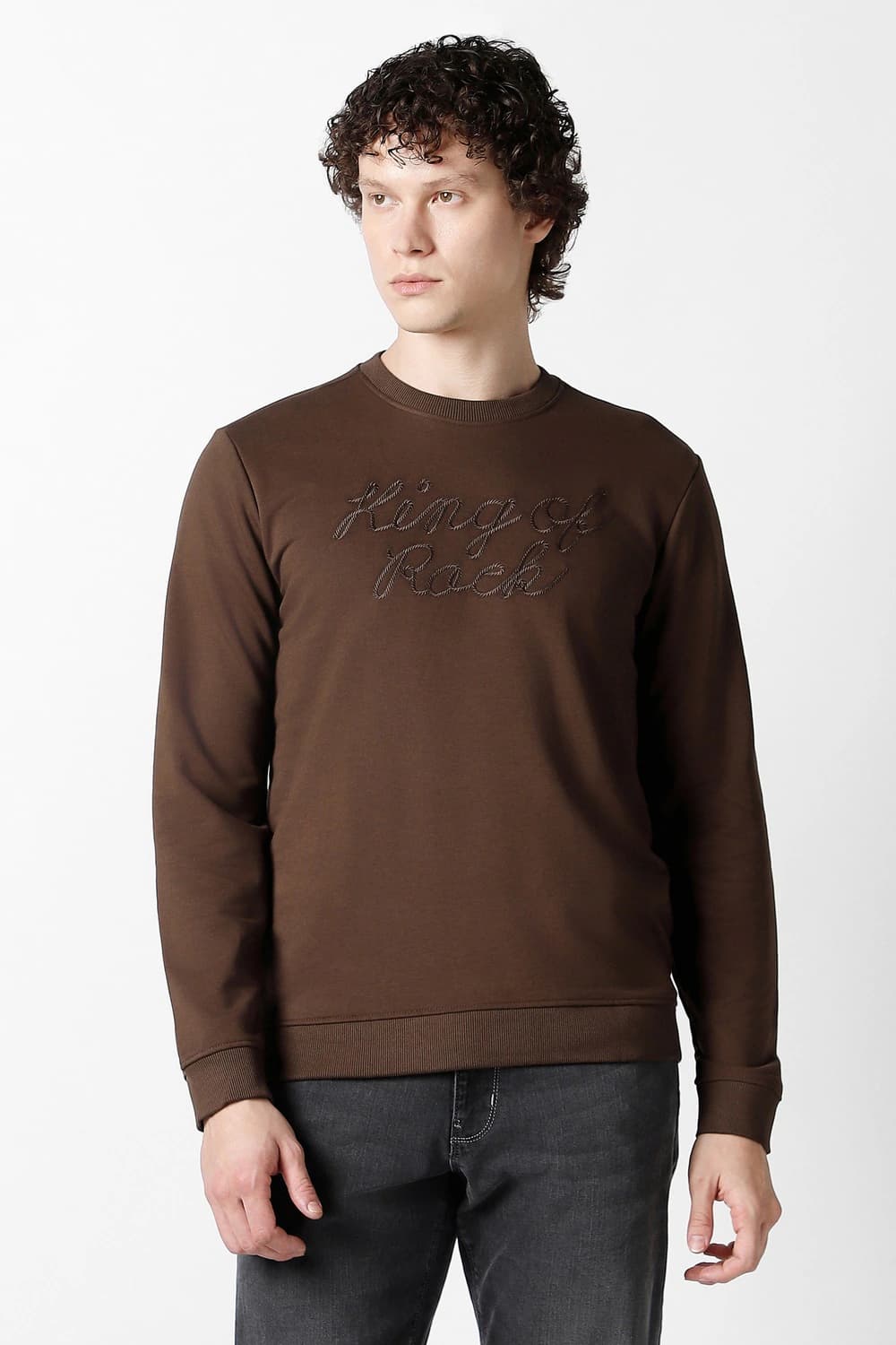 Men Brown Embroidered Crew Neck Sweatshirt | Vanheusenindia Men Brown Embroidered Crew Neck Sweatshirt | Vanheusenindia