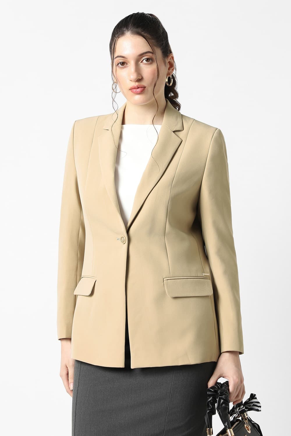 Women Beige Solid Blazer | Vanheusenindia