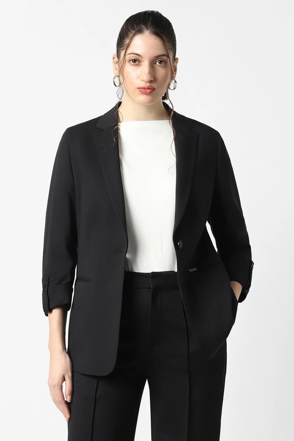 Women Black Solid Blazer | Vanheusenindia Women Black Solid Blazer | Vanheusenindia