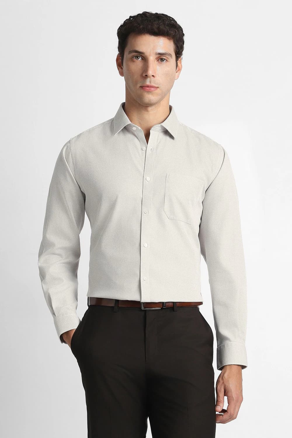 Men Beige Custom Fit Textured Full Sleeves Formal Shirt | Vanheusenindia Men Beige Custom Fit Textured Full Sleeves Formal Shirt | Vanheusenindia