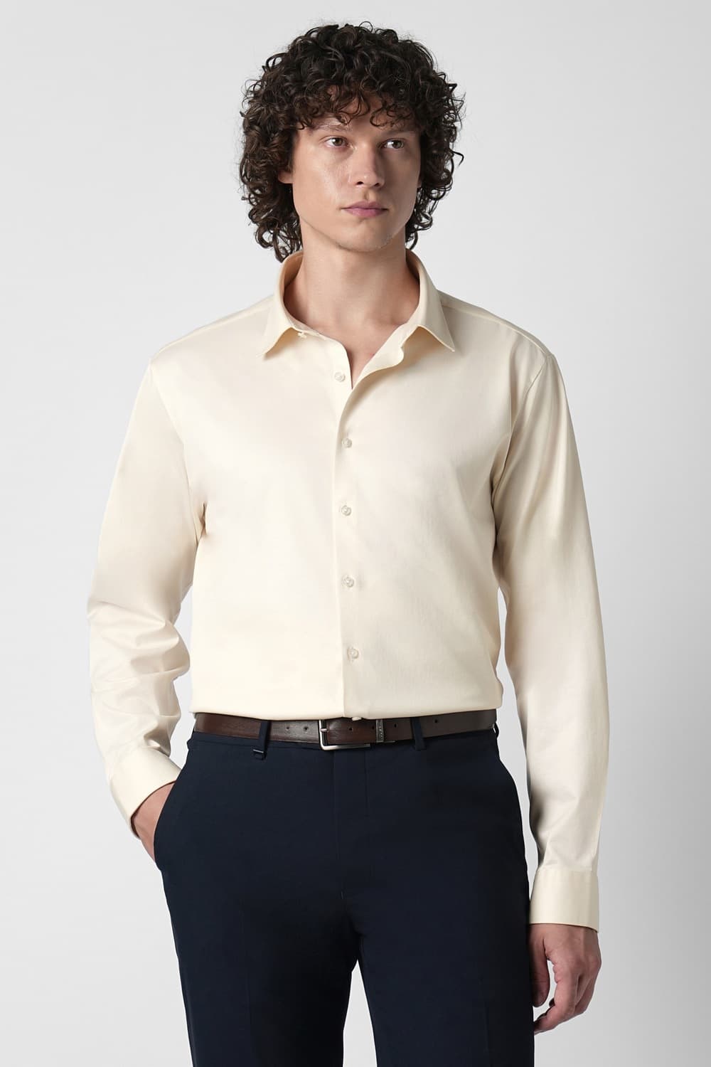 Men Cream Slim Fit Solid Full Sleeves Formal Shirt | Vanheusenindia Men Cream Slim Fit Solid Full Sleeves Formal Shirt | Vanheusenindia