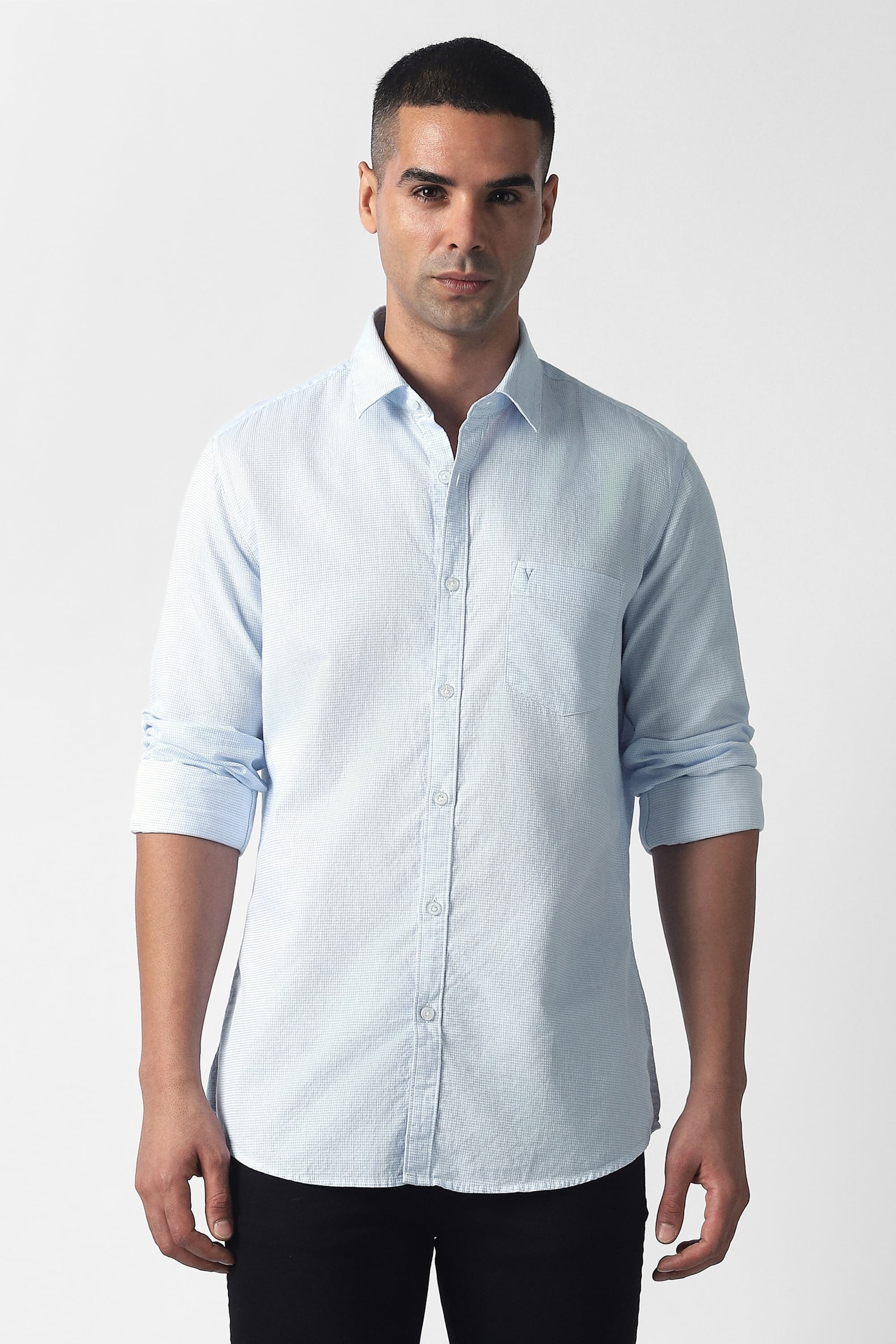 Men Light Blue Slim Fit Check Full Sleeves Casual Shirt | Vanheusenindia