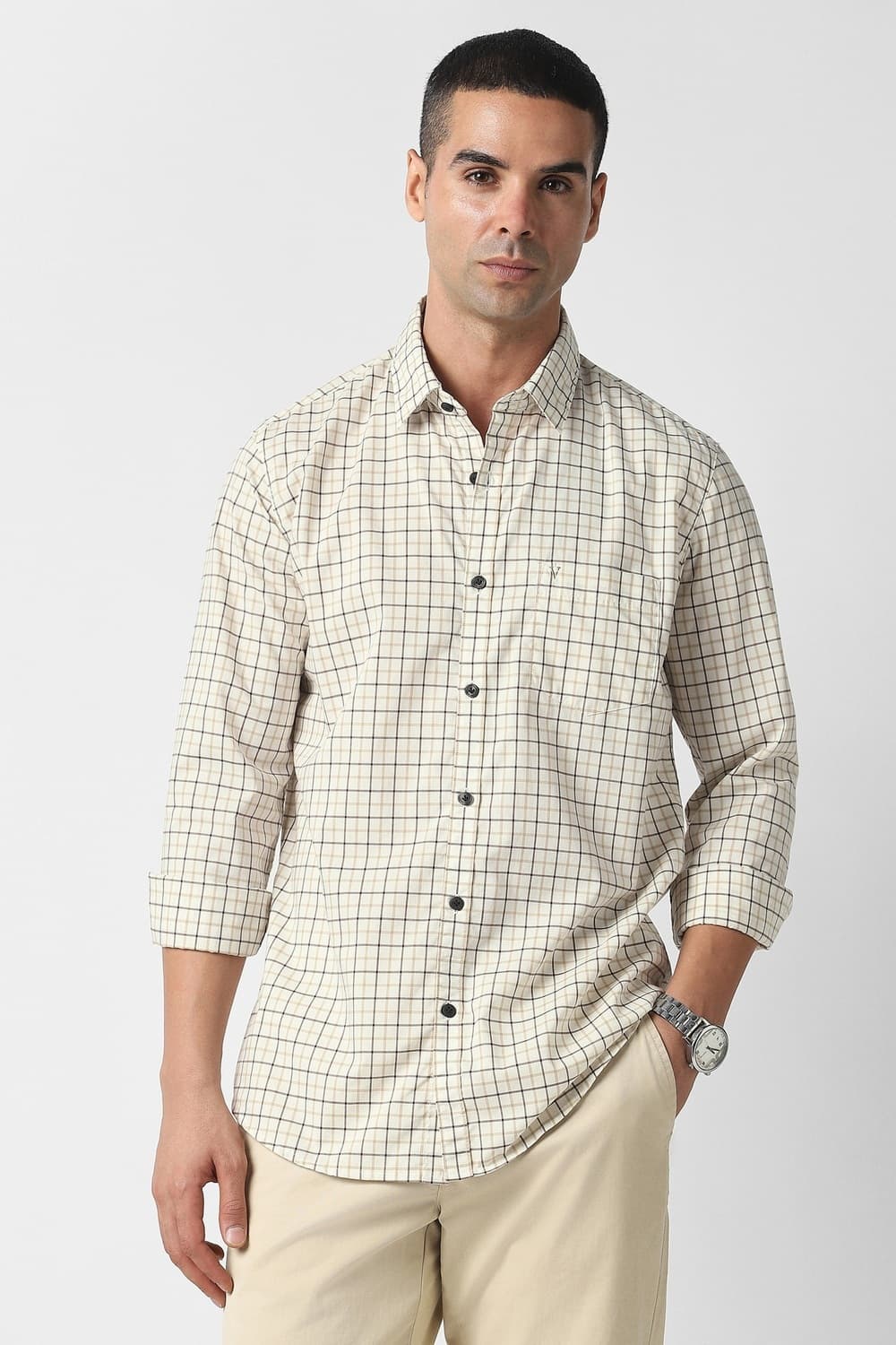 Men Beige Slim Fit Check Full Sleeves Casual Shirt | Vanheusenindia