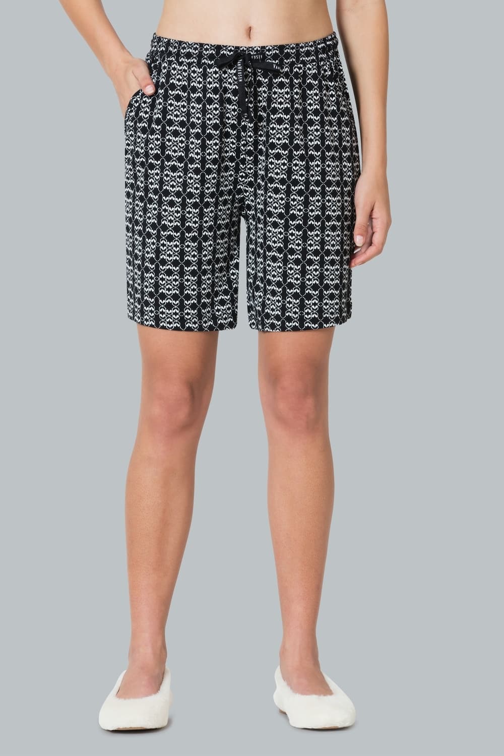 Van Heusen Women Black Aztec Allover Print Functional Pocket Superior Drape Lounge Shorts | Vanheusenindia
