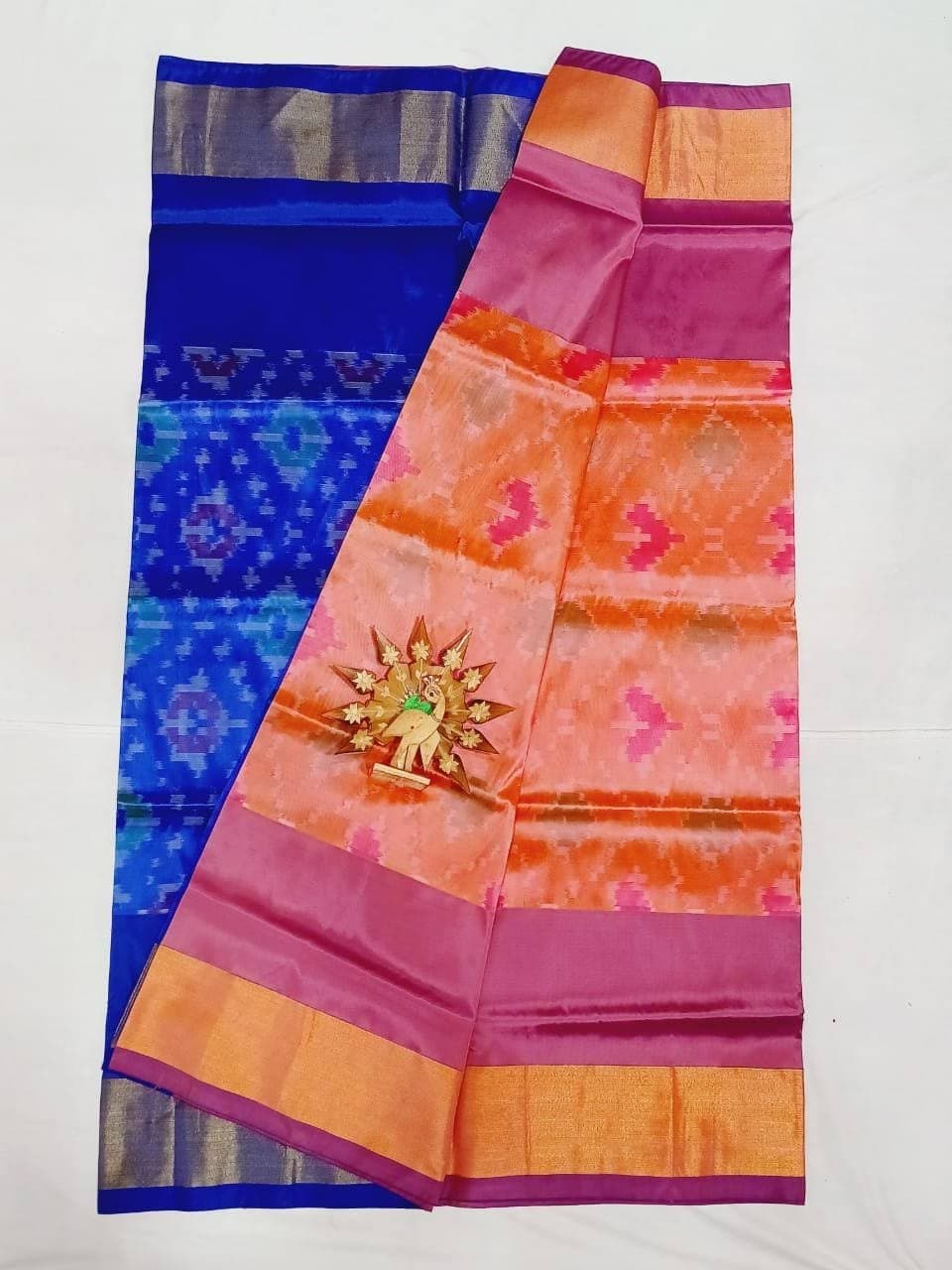 Pochampally Sico Saree With Orange &amp; Green Color - JRS Handlooms | Jrshandlooms